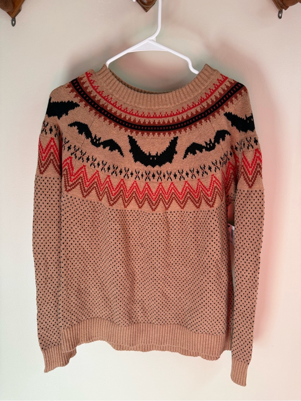 Modcloth Tan Crewneck Sweater with Black Bat Motifs and Red Fair Isle Pattern